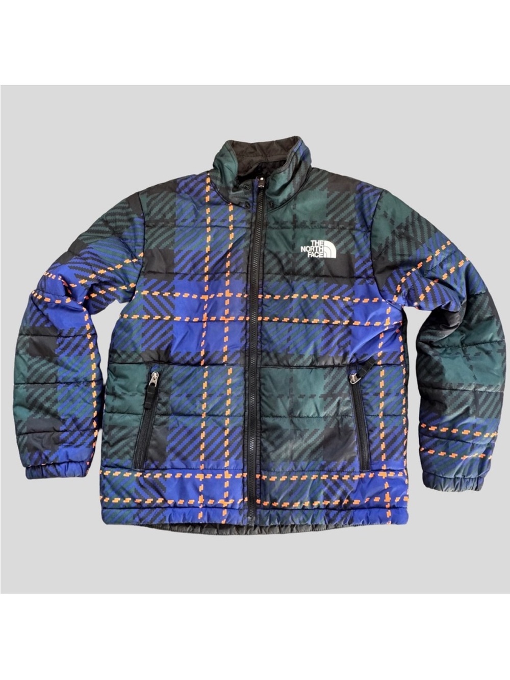 The North Face Blue and Green Plaid Full Zip Reversible Jacket Puffer Fleece